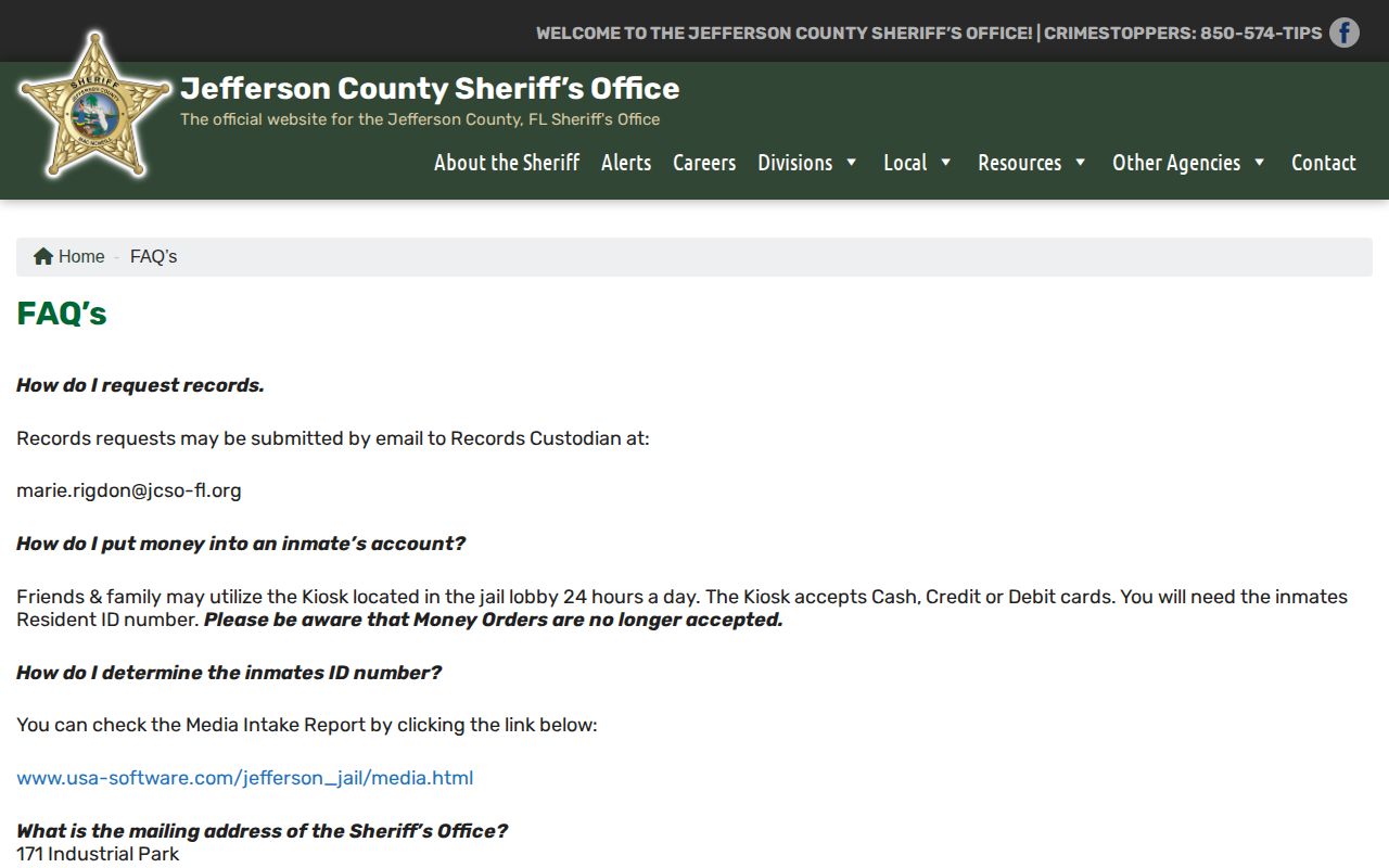Jefferson County Sheriff FAQ with intake report link for release record checks