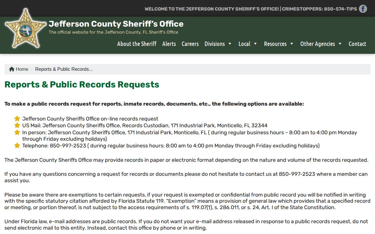 Jefferson County release record request channels and custodian