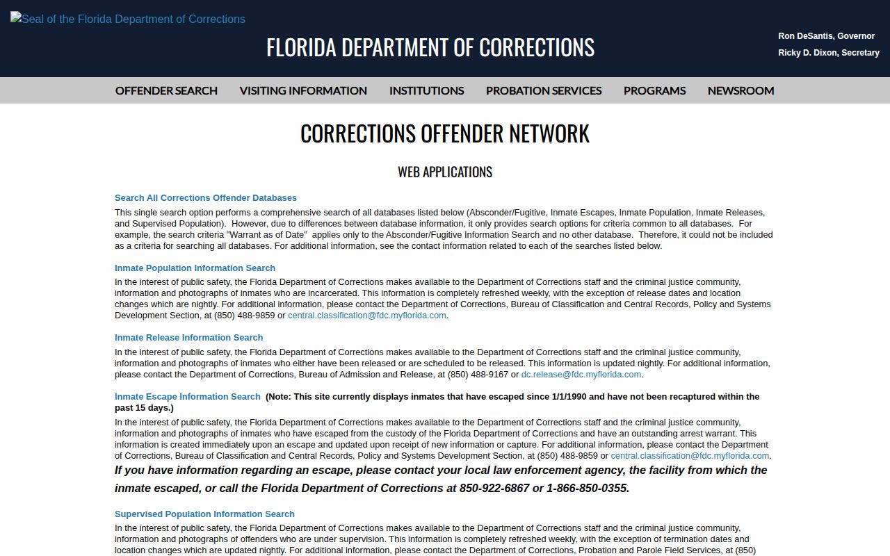 FDC search menu for Jefferson Correctional Institution release records