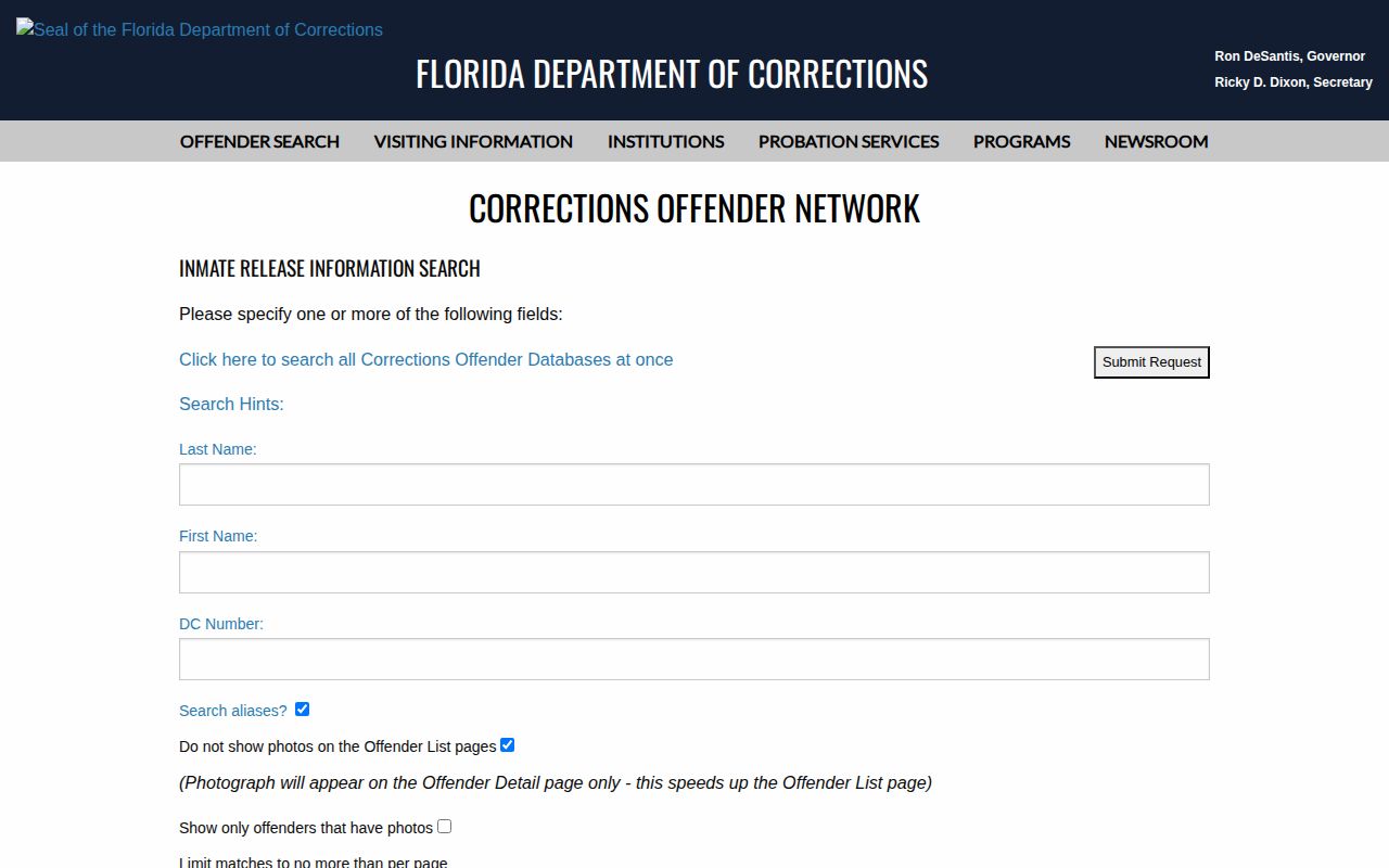 Florida offender search fields for Jefferson County released inmates