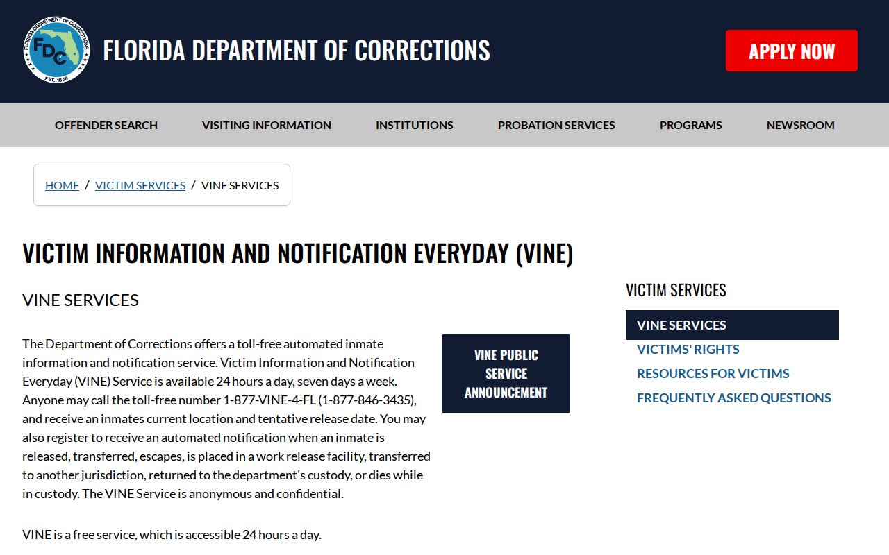 Florida VINE call and PIN rules for Jefferson County release notifications