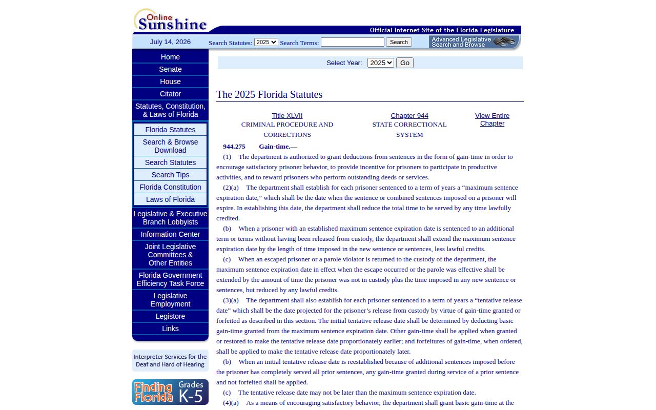 Florida statute governing an FDC Jefferson County inmate tentative release date