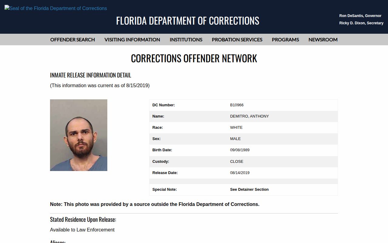 Jefferson County released mugshot source note on an FDC offender detail